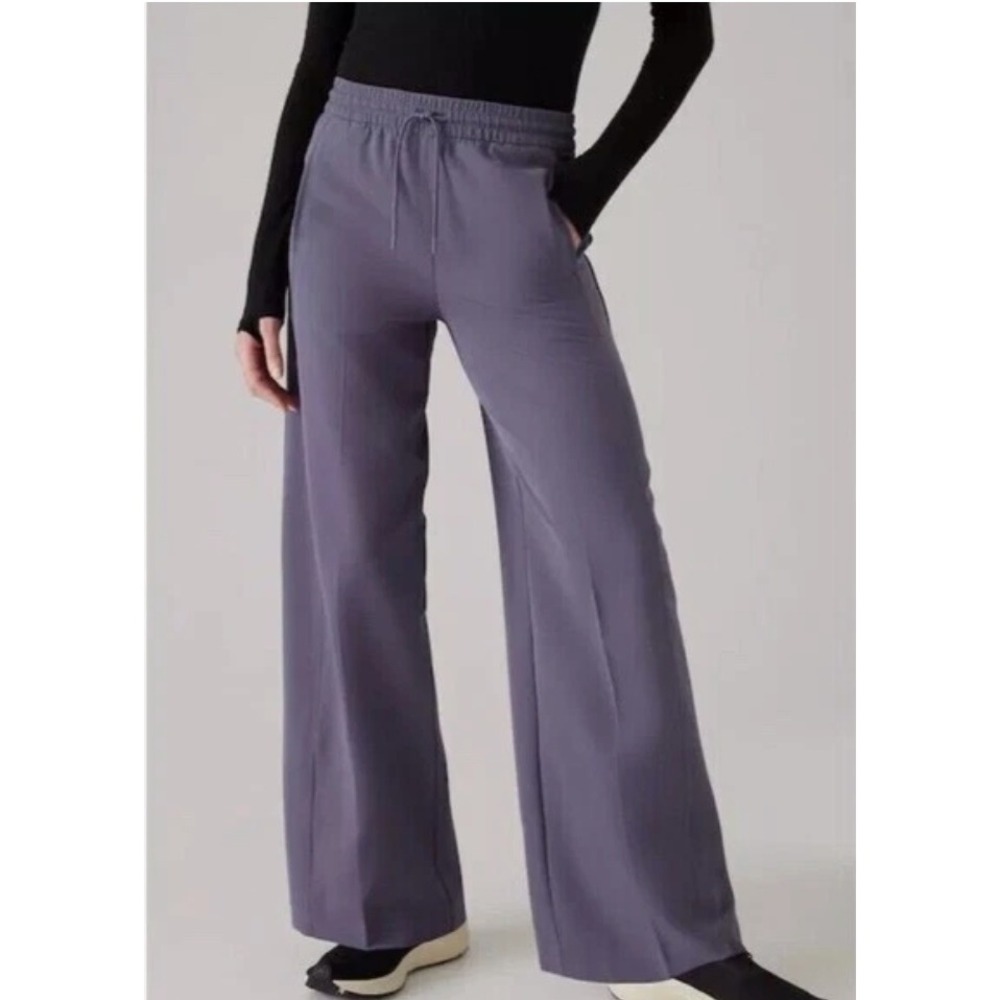 Athleta Stride Wide Leg Pants Size L Purple Drawstring Elastic Waist Zip Pockets